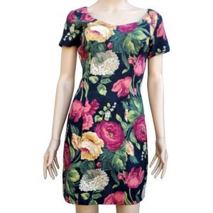 Floral Mini Dress Vintage 60s 2 4 Judy's Black Short Sleeves Shift Sheath USA